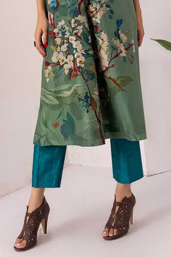 Haute Mess_Green Silk, Chanderi Mandarin Collar Printed Tunic And Pant Set _Online_at_Aza_Fashions