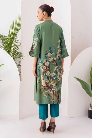 Shop_Haute Mess_Green Silk, Chanderi Mandarin Collar Printed Tunic And Pant Set _at_Aza_Fashions