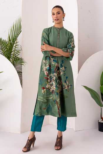 Buy_Haute Mess_Green Silk, Chanderi Mandarin Collar Printed Tunic And Pant Set _Online_at_Aza_Fashions