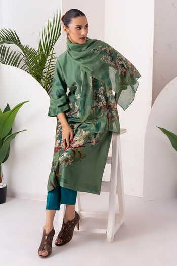 Shop_Haute Mess_Green Silk, Chanderi Mandarin Collar Printed Tunic And Pant Set _Online_at_Aza_Fashions