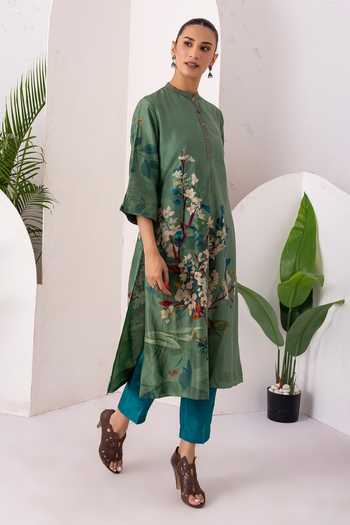 Buy_Haute Mess_Green Silk, Chanderi Mandarin Collar Printed Tunic And Pant Set 