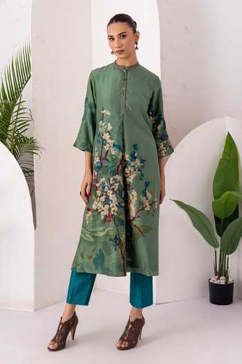 Shop_Haute Mess_Green Silk, Chanderi Mandarin Collar Printed Tunic And Pant Set 