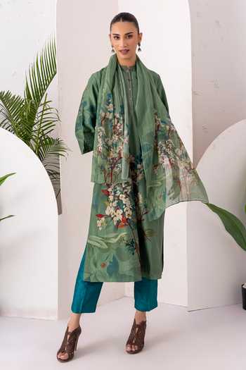 Haute Mess_Green Silk, Chanderi Mandarin Collar Printed Tunic And Pant Set _Online