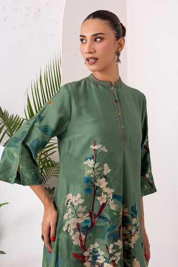 Buy_Haute Mess_Green Silk, Chanderi Mandarin Collar Printed Tunic And Pant Set _Online