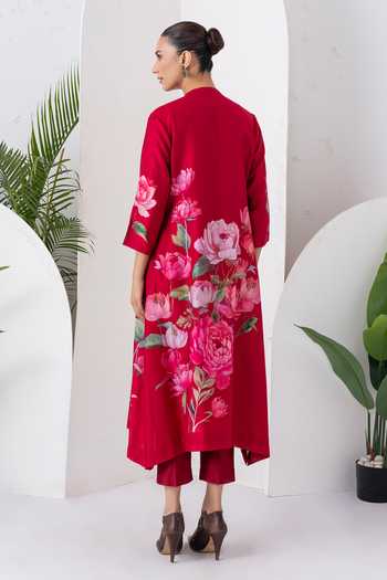 Shop_Haute Mess_Red Silk, Chanderi V-neck Printed Top And Pant Set _at_Aza_Fashions
