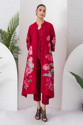 Buy_Haute Mess_Red Silk, Chanderi V-neck Printed Top And Pant Set _Online_at_Aza_Fashions