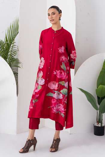 Shop_Haute Mess_Red Silk, Chanderi V-neck Printed Top And Pant Set _Online_at_Aza_Fashions