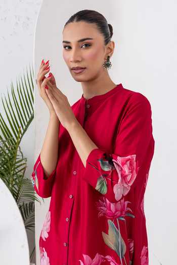 Buy_Haute Mess_Red Silk, Chanderi V-neck Printed Top And Pant Set 