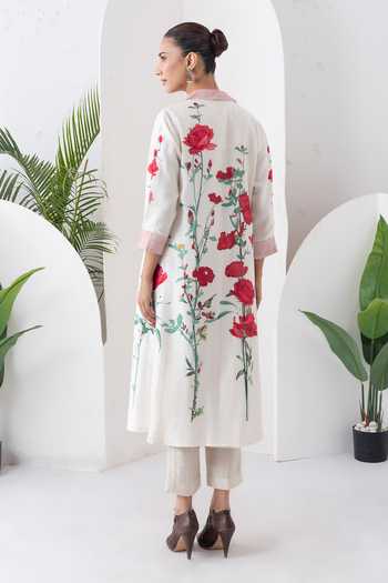 Shop_Haute Mess_Ivory Silk, Chanderi V-neck Printed Kurta And Pant Set _at_Aza_Fashions