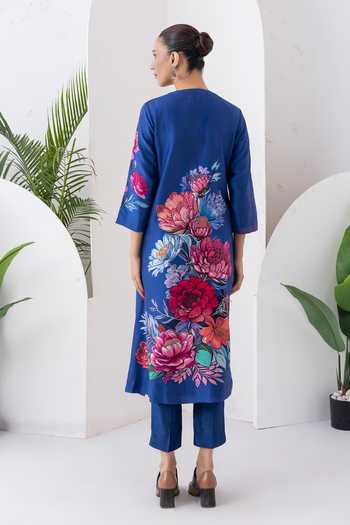 Shop_Haute Mess_Blue Silk, Chanderi Round Neck Printed Kurta And Pant Set _at_Aza_Fashions