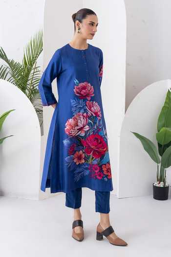 Shop_Haute Mess_Blue Silk, Chanderi Round Neck Printed Kurta And Pant Set _Online_at_Aza_Fashions