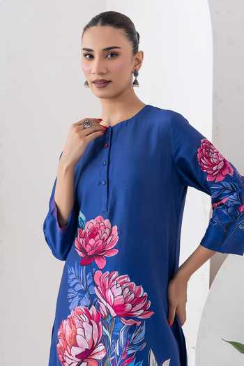 Buy_Haute Mess_Blue Silk, Chanderi Round Neck Printed Kurta And Pant Set 