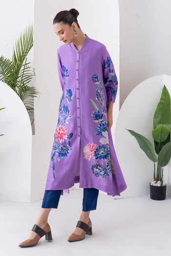 Haute Mess_Purple Silk, Chanderi Mandarin Collar, Yes Printed Kurta And Pant Set _Online_at_Aza_Fashions