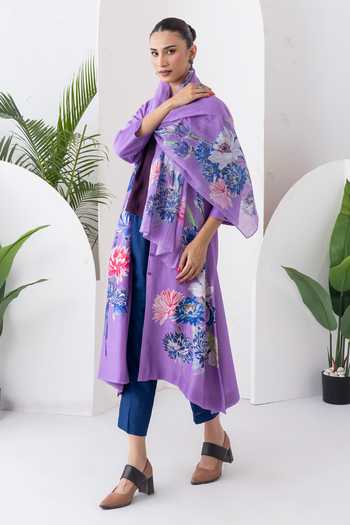 Buy_Haute Mess_Purple Silk, Chanderi Mandarin Collar, Yes Printed Kurta And Pant Set _Online_at_Aza_Fashions