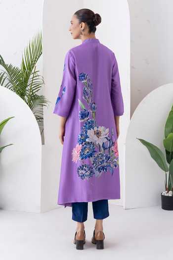 Shop_Haute Mess_Purple Silk, Chanderi Mandarin Collar, Yes Printed Kurta And Pant Set _at_Aza_Fashions