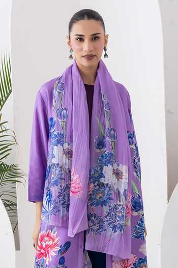 Shop_Haute Mess_Purple Silk, Chanderi Mandarin Collar, Yes Printed Kurta And Pant Set _Online_at_Aza_Fashions