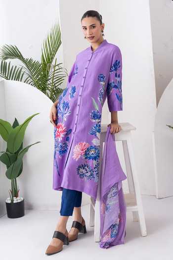Haute Mess_Purple Silk, Chanderi Mandarin Collar, Yes Printed Kurta And Pant Set _at_Aza_Fashions