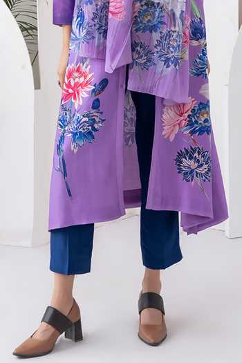 Buy_Haute Mess_Purple Silk, Chanderi Mandarin Collar, Yes Printed Kurta And Pant Set 