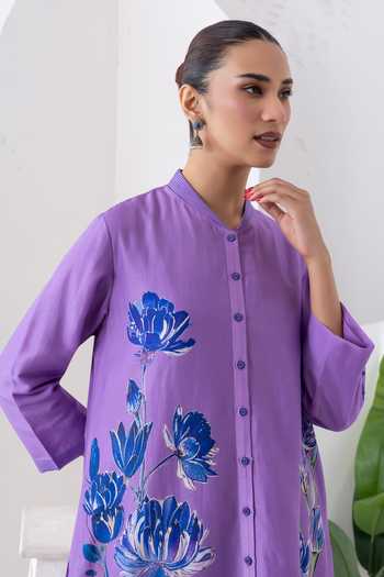 Shop_Haute Mess_Purple Silk, Chanderi Mandarin Collar, Yes Printed Kurta And Pant Set 
