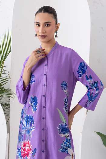 Haute Mess_Purple Silk, Chanderi Mandarin Collar, Yes Printed Kurta And Pant Set _Online