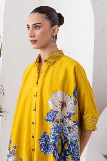 Haute Mess_Yellow Silk, Chanderi Collared Neck Printed Tunic And Pant Set _Online_at_Aza_Fashions