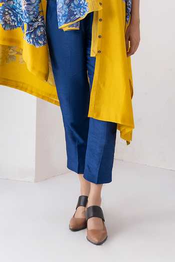 Shop_Haute Mess_Yellow Silk, Chanderi Collared Neck Printed Tunic And Pant Set _Online_at_Aza_Fashions