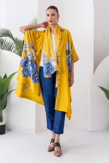 Haute Mess_Yellow Silk, Chanderi Collared Neck Printed Tunic And Pant Set _at_Aza_Fashions