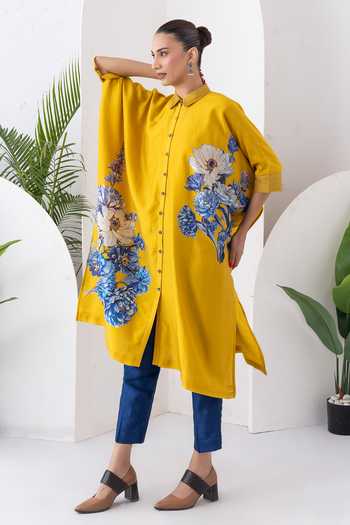 Buy_Haute Mess_Yellow Silk, Chanderi Collared Neck Printed Tunic And Pant Set 