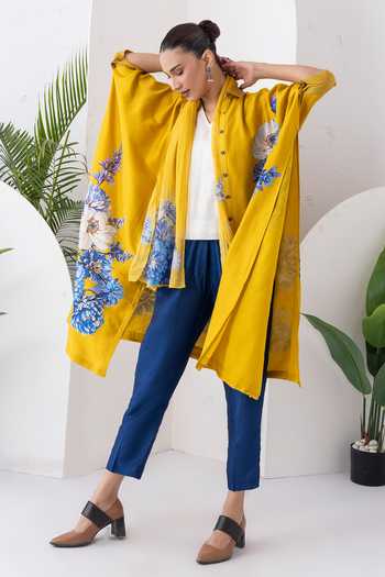 Shop_Haute Mess_Yellow Silk, Chanderi Collared Neck Printed Tunic And Pant Set 
