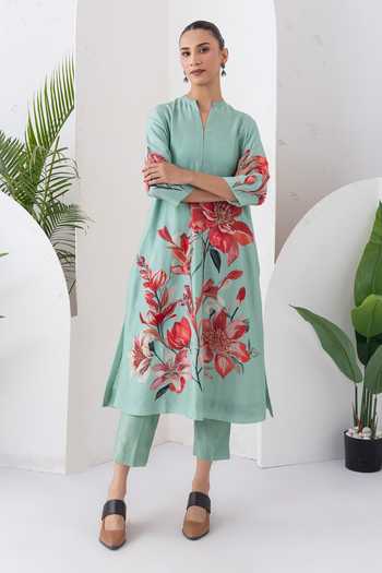 Buy_Haute Mess_Green Silk, Chanderi Mandarin Collar, Yes Printed Kurta And Pant Set _Online_at_Aza_Fashions