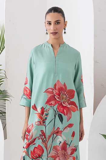 Haute Mess_Green Silk, Chanderi Mandarin Collar, Yes Printed Kurta And Pant Set _at_Aza_Fashions