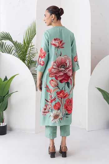 Shop_Haute Mess_Green Silk, Chanderi Mandarin Collar, Yes Printed Kurta And Pant Set _at_Aza_Fashions