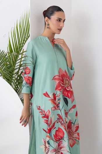Buy_Haute Mess_Green Silk, Chanderi Mandarin Collar, Yes Printed Kurta And Pant Set 