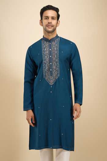 Buy_Arihant Rai Sinha_Blue Silk, Viscose, Polyester Placket Embroidered Kurta Set _at_Aza_Fashions