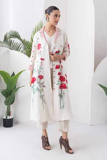 Buy_Haute Mess_Ivory Silk, Chanderi V-neck Printed Kurta And Pant Set _at_Aza_Fashions