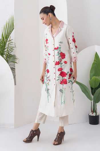 Buy_Haute Mess_Ivory Silk, Chanderi V-neck Printed Kurta And Pant Set _Online_at_Aza_Fashions