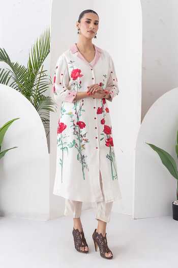 Shop_Haute Mess_Ivory Silk, Chanderi V-neck Printed Kurta And Pant Set _Online_at_Aza_Fashions