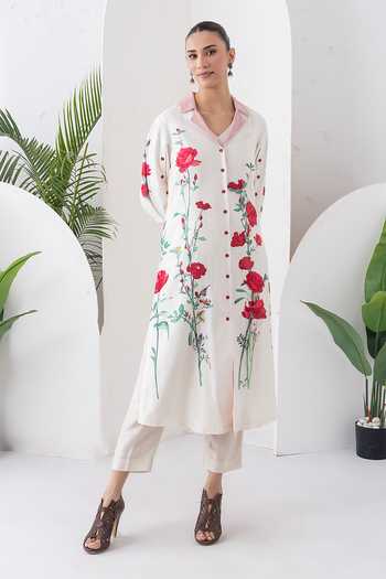 Buy_Haute Mess_Ivory Silk, Chanderi V-neck Printed Kurta And Pant Set 