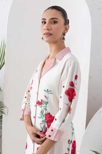 Shop_Haute Mess_Ivory Silk, Chanderi V-neck Printed Kurta And Pant Set 
