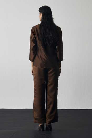 Shop_Notsosure_Brown Silk, Dupion Shawl Neck Hand Embroidered Top And Pant Set _at_Aza_Fashions