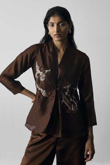 Notsosure_Brown Silk, Dupion Shawl Neck Hand Embroidered Top And Pant Set _Online_at_Aza_Fashions