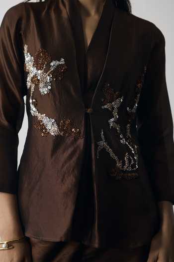 Buy_Notsosure_Brown Silk, Dupion Shawl Neck Hand Embroidered Top And Pant Set _Online_at_Aza_Fashions
