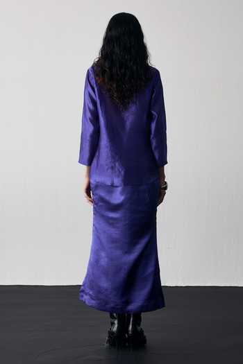 Shop_Notsosure_Blue Silk, Dupion Shawl Neck Embroidered Top And Skirt Set _at_Aza_Fashions