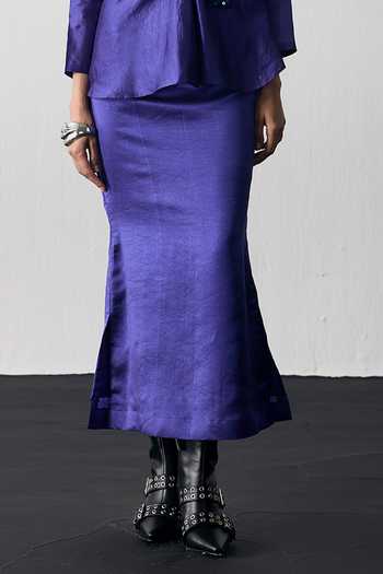 Notsosure_Blue Silk, Dupion Shawl Neck Embroidered Top And Skirt Set _Online_at_Aza_Fashions