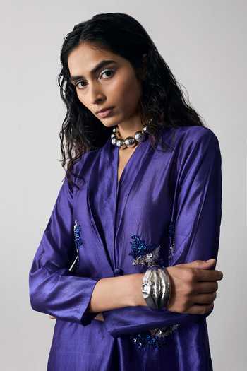 Buy_Notsosure_Blue Silk, Dupion Shawl Neck Embroidered Top And Skirt Set _Online_at_Aza_Fashions