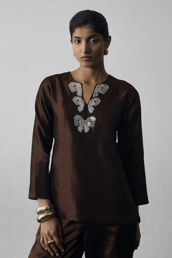 Notsosure_Brown Dupion, Silk Split V-neck Embroidered Top And Pant Set _Online_at_Aza_Fashions