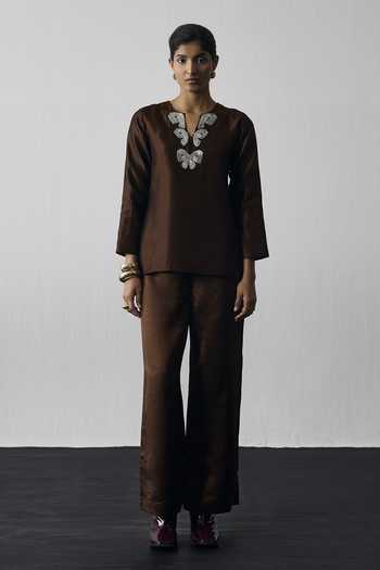 Buy_Notsosure_Brown Dupion, Silk Split V-neck Embroidered Top And Pant Set _at_Aza_Fashions
