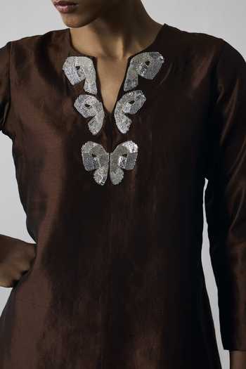 Buy_Notsosure_Brown Dupion, Silk Split V-neck Embroidered Top And Pant Set _Online_at_Aza_Fashions