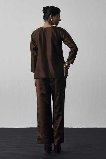 Shop_Notsosure_Brown Dupion, Silk Split V-neck Embroidered Top And Pant Set _at_Aza_Fashions
