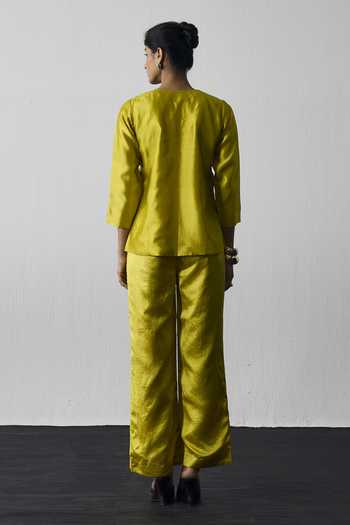 Shop_Notsosure_Green Silk, Dupion V-neck Bow Neckline Embroidered Top And Pant Set _at_Aza_Fashions